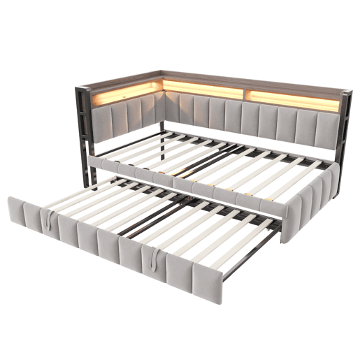 Sofá-cama 90x200 cm - Com cama extraível, iluminação LED, compartimentos, portas USB e Tipo-C - Cinza claro