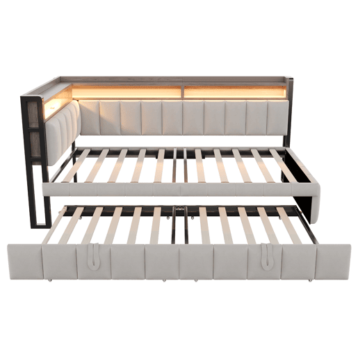 Sofá-cama 90x200 cm - Com cama extraível, iluminação LED, compartimentos, portas USB e Tipo-C - Cinza claro