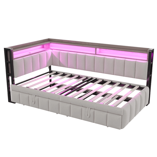 Sofá-cama 90x200 cm - Com cama extraível, iluminação LED, compartimentos, portas USB e Tipo-C - Cinza claro