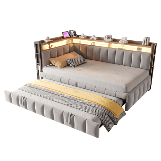 Sofá-cama 90x200 cm - Com cama extraível, iluminação LED, compartimentos, portas USB e Tipo-C - Cinza claro