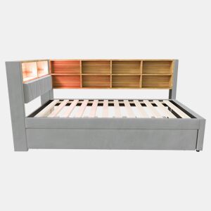 Sofá-cama 90200 - Cama extensível 90190, com luzes LED, tomadas, arrumação, flanela, cinzento claro