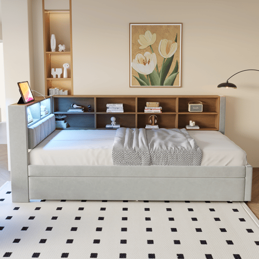 Sofá-cama 90200 - Cama extensível 90190, com luzes LED, tomadas, arrumação, flanela, cinzento claro
