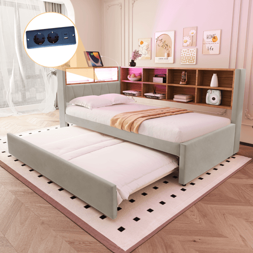 Sofá-cama 90200 - Cama extensível 90190, com luzes LED, tomadas, arrumação, flanela, cinzento claro