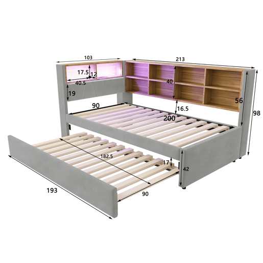 Sofá-cama 90200 - Cama extensível 90190, com luzes LED, tomadas, arrumação, flanela, cinzento claro