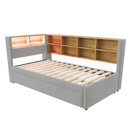 Sofá-cama 90200 - Cama extensível 90190, com luzes LED, tomadas, arrumação, flanela, cinzento claro