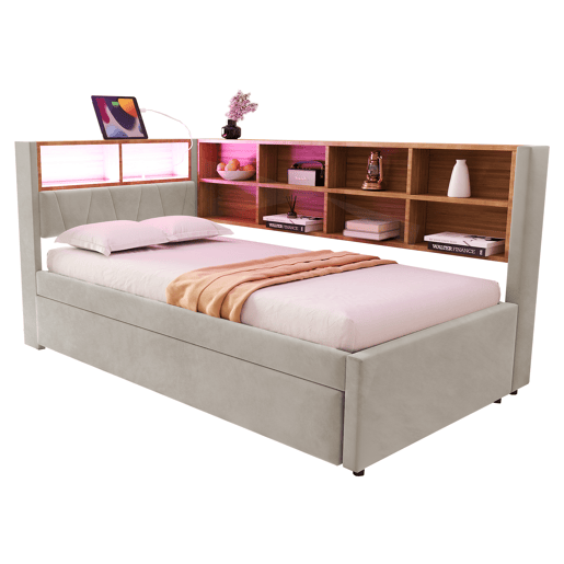 Sofá-cama 90200 - Cama extensível 90190, com luzes LED, tomadas, arrumação, flanela, cinzento claro