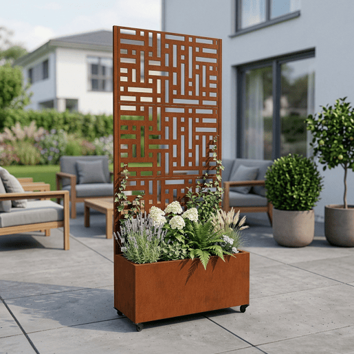Divisória Bernalda com floreira Aço 190 x 82 x 38 cm Castanho ferrugem casa.pro Divisória Bernalda com floreira Aço 190 x 82 x 38 cm Castanho ferrugem casa.pro