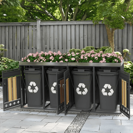 Caixa para lixo com compartimentos de armazenamento - Com orifícios de ventilação em forma de losango, 4 portas, área para plantas, painéis das portas com veios de madeira verticais - Cinza, Madeira