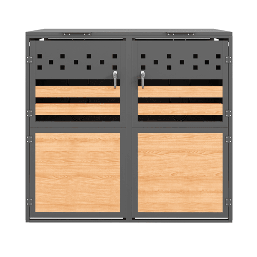 Caixa para lixo 132x80x118 cm - Com tampa rebatível, compartimentos para armazenamento de lixo, com fechadura, duas portas, recortes em forma de losango, painéis de madeira com veios horizontais - Cinza, Madeira