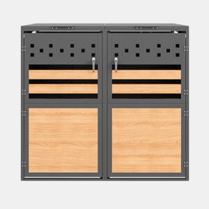Caixa para lixo 132x80x118 cm - Com tampa rebatível, compartimentos para armazenamento de lixo, com fechadura, duas portas, recortes em forma de losango, painéis de madeira com veios horizontais - Cinza, Madeira