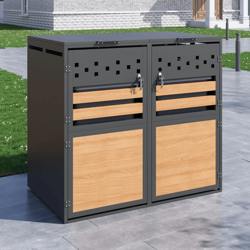 Caixa para lixo 132x80x118 cm - Com tampa rebatível, compartimentos para armazenamento de lixo, com fechadura, duas portas, recortes em forma de losango, painéis de madeira com veios horizontais - Cinza, Madeira