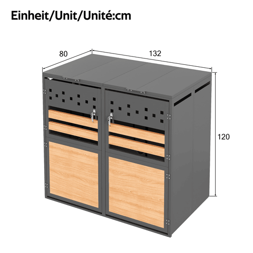 Caixa para lixo 132x80x118 cm - Com tampa rebatível, compartimentos para armazenamento de lixo, com fechadura, duas portas, recortes em forma de losango, painéis de madeira com veios horizontais - Cinza, Madeira