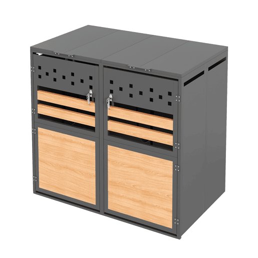 Caixa para lixo 132x80x118 cm - Com tampa rebatível, compartimentos para armazenamento de lixo, com fechadura, duas portas, recortes em forma de losango, painéis de madeira com veios horizontais - Cinza, Madeira