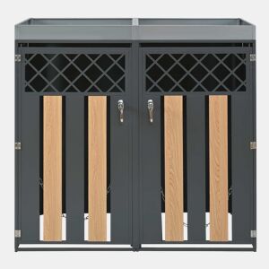 Contentor de lixo exterior 132x80x124,5 cm - com orifícios de ventilação em forma de losango, compartimentos para resíduos, fechadura, duas portas e superfície para plantas - Cinza e Madeira
