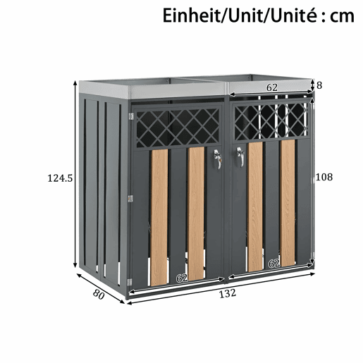 Contentor de lixo exterior 132x80x124,5 cm - com orifícios de ventilação em forma de losango, compartimentos para resíduos, fechadura, duas portas e superfície para plantas - Cinza e Madeira