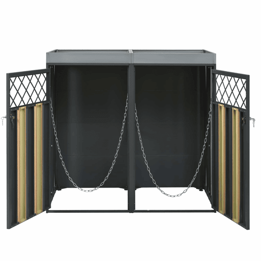 Contentor de lixo exterior 132x80x124,5 cm - com orifícios de ventilação em forma de losango, compartimentos para resíduos, fechadura, duas portas e superfície para plantas - Cinza e Madeira