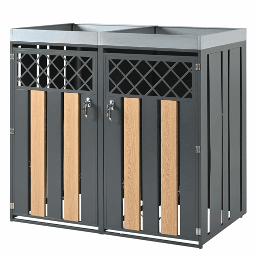 Contentor de lixo exterior 132x80x124,5 cm - com orifícios de ventilação em forma de losango, compartimentos para resíduos, fechadura, duas portas e superfície para plantas - Cinza e Madeira