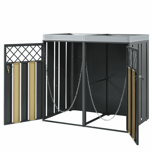 Contentor de lixo exterior 132x80x124,5 cm - com orifícios de ventilação em forma de losango, compartimentos para resíduos, fechadura, duas portas e superfície para plantas - Cinza e Madeira