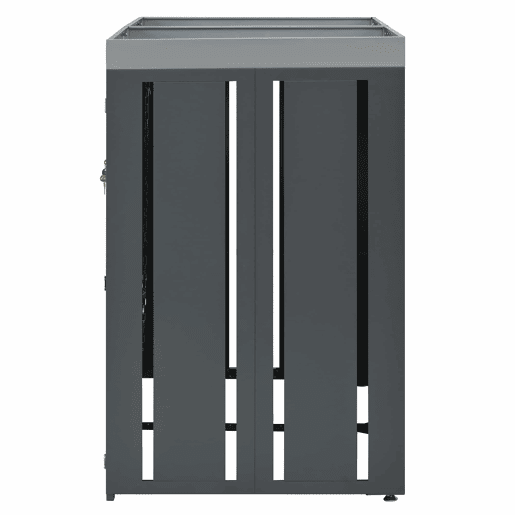 Contentor de lixo exterior 132x80x124,5 cm - com orifícios de ventilação em forma de losango, compartimentos para resíduos, fechadura, duas portas e superfície para plantas - Cinza e Madeira