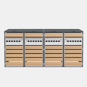 Caixa para lixo com tampa articulada - Compartimentos de armazenamento, com fechadura, quatro portas, blocos horizontais com veios de madeira - Cinza, Madeira