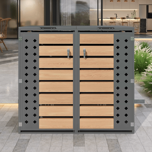 Caixa para lixo - 2 portas, com fechadura, tampa basculante, painel da porta em forma de diamante - Cinza, Madeira