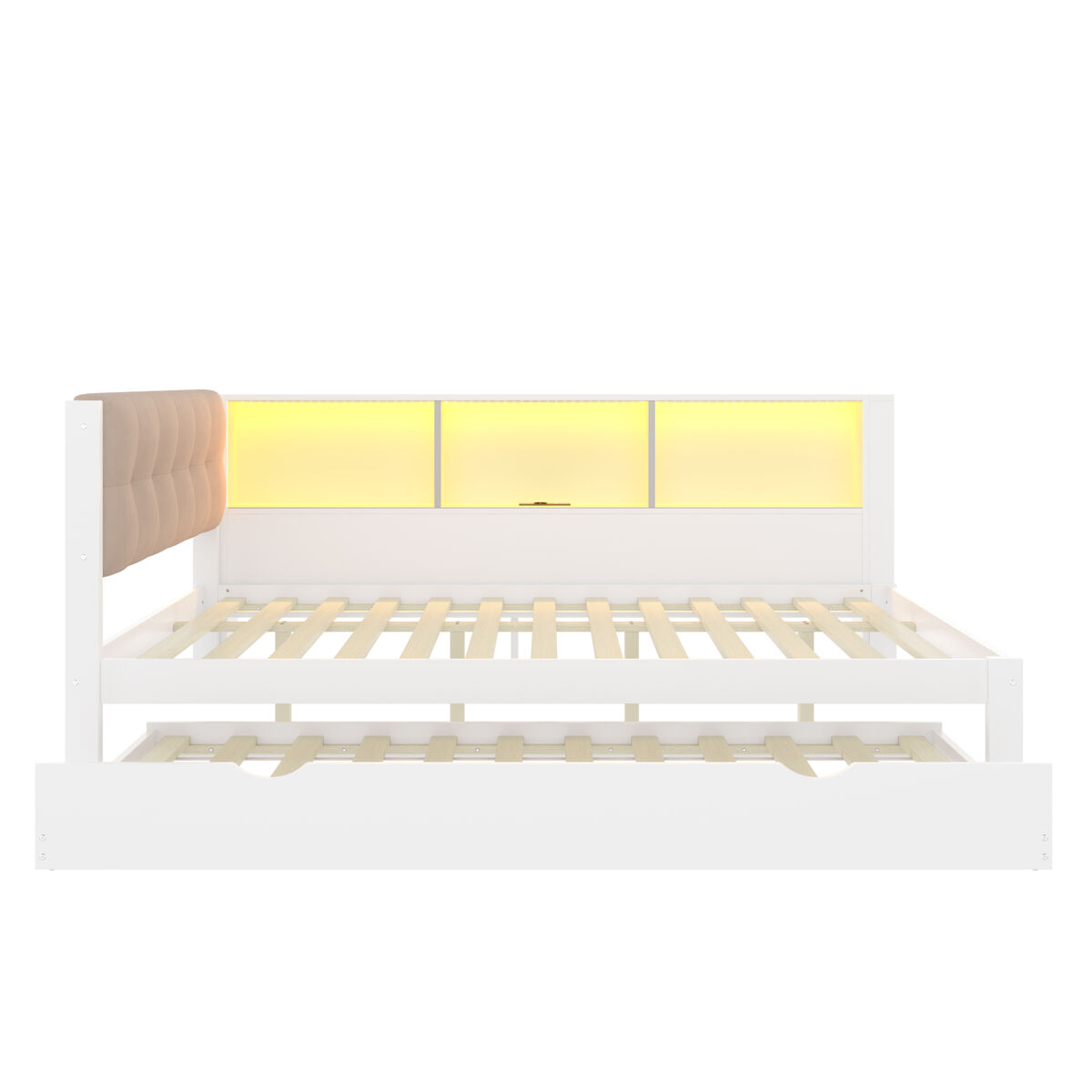Cama nido 140x200 cm - individual, sin colchón, cama extraíble, led regulable, estante, puerto usb, madera de pino - blanco