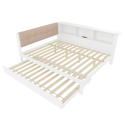 Cama nido 140x200 cm - individual, sem colchão, cama extraível, LED regulável, prateleira, porta USB, madeira de pinho - branco