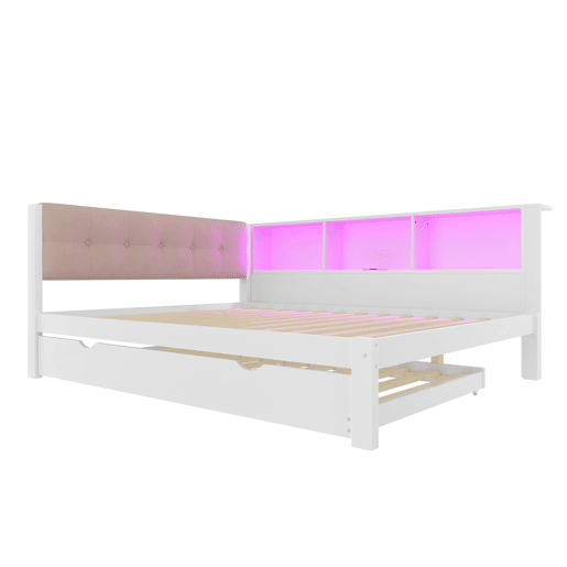 Cama nido 140x200 cm - individual, sem colchão, cama extraível, LED regulável, prateleira, porta USB, madeira de pinho - branco