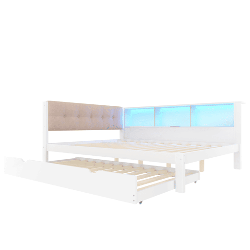 Cama nido 140x200 cm - individual, sem colchão, cama extraível, LED regulável, prateleira, porta USB, madeira de pinho - branco