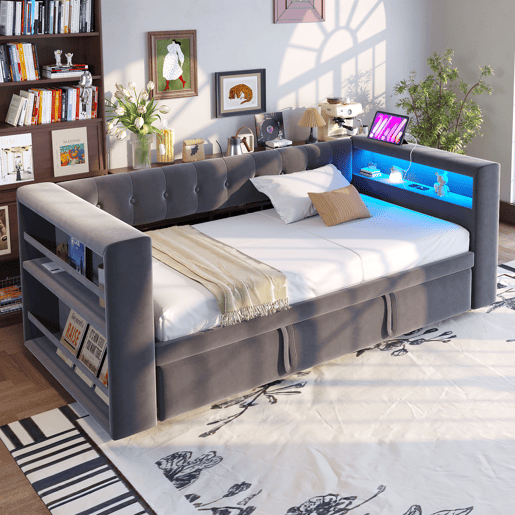 Cama multifuncional 90x190 cm - Com iluminação LED, tomadas e grande espaço de armazenamento - Cinza escuro