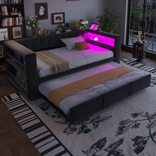 Cama multifuncional 90x190 cm - Com iluminação LED, tomadas e grande espaço de armazenamento - Cinza escuro