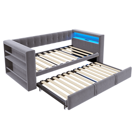 Cama multifuncional 90x190 cm - Com iluminação LED, tomadas e grande espaço de armazenamento - Cinza escuro