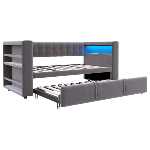 Cama multifuncional 90x190 cm - Com iluminação LED, tomadas e grande espaço de armazenamento - Cinza escuro