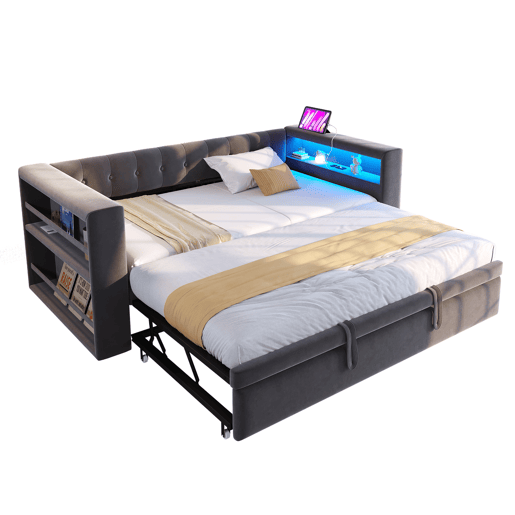 Cama multifuncional 90x190 cm - Com iluminação LED, tomadas e grande espaço de armazenamento - Cinza escuro