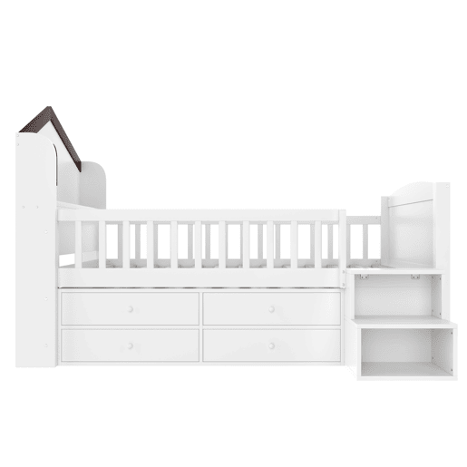 Cama semi-alta 90x200 cm - Forma de casa, janela, 4 gavetas, barra LED, escada de arrumação - Branco