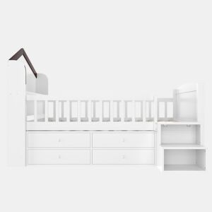 Cama semi-alta 90x200 cm - Forma de casa, janela, 4 gavetas, barra LED, escada de arrumação - Branco