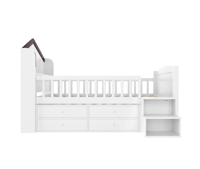 Cama semi alta 90x200 cm - forma de casa, ventana, 4 cajones, barra led, escalera de almacenamiento - blanco