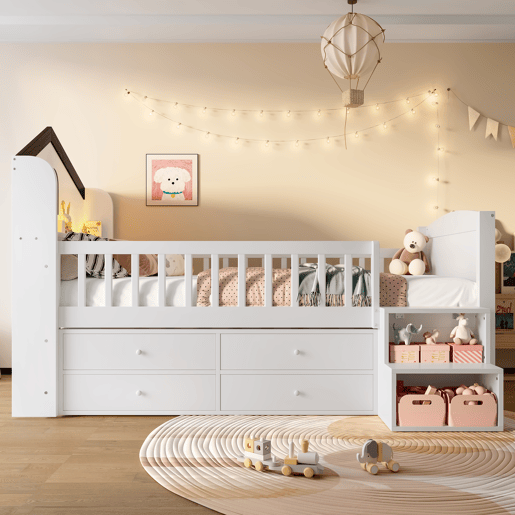 Cama semi-alta 90x200 cm - Forma de casa, janela, 4 gavetas, barra LED, escada de arrumação - Branco