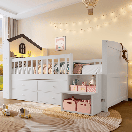 Cama semi-alta 90x200 cm - Forma de casa, janela, 4 gavetas, barra LED, escada de arrumação - Branco