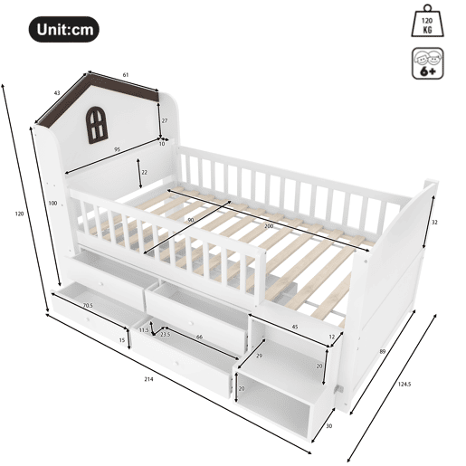 Cama semi-alta 90x200 cm - Forma de casa, janela, 4 gavetas, barra LED, escada de arrumação - Branco
