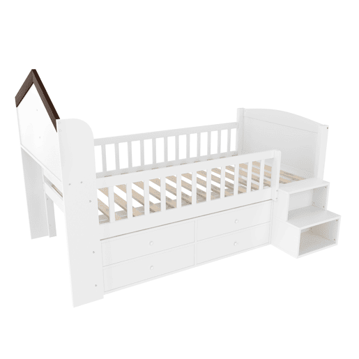 Cama semi-alta 90x200 cm - Forma de casa, janela, 4 gavetas, barra LED, escada de arrumação - Branco