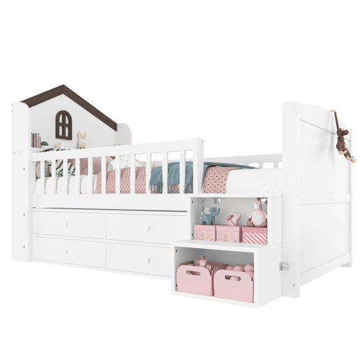 Cama semi-alta 90x200 cm - Forma de casa, janela, 4 gavetas, barra LED, escada de arrumação - Branco