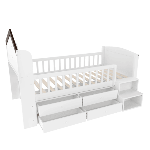 Cama semi-alta 90x200 cm - Forma de casa, janela, 4 gavetas, barra LED, escada de arrumação - Branco