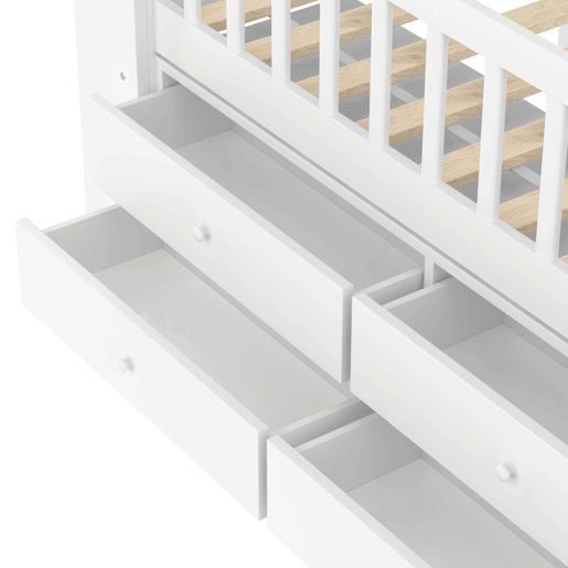 Cama semi-alta 90x200 cm - Forma de casa, janela, 4 gavetas, barra LED, escada de arrumação - Branco