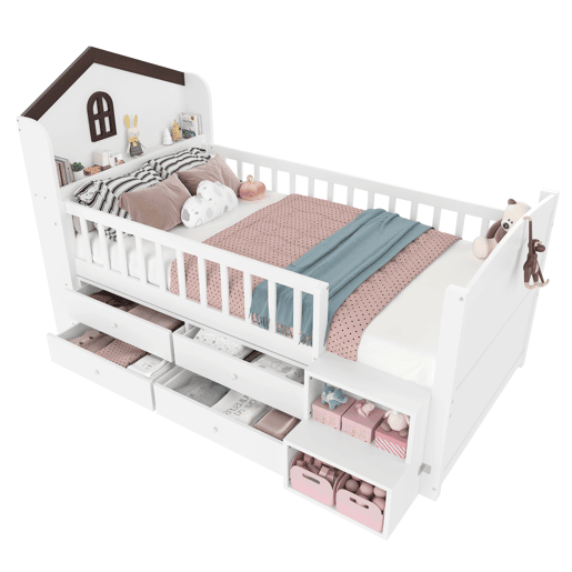 Cama semi-alta 90x200 cm - Forma de casa, janela, 4 gavetas, barra LED, escada de arrumação - Branco