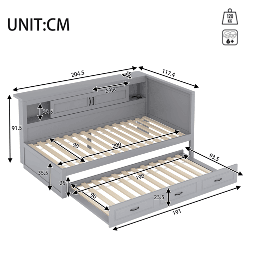 Divã 90x200cm com LED e tomadas - com cama com gavetão 90x190cm - Cinzento Divã 90x200cm com LED e tomadas - com cama com gavetão 90x190cm - Cinzento