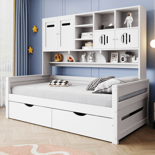 Sofá-cama de madeira 90 x 200 cm - Com arrumação, gaveta grande, cama juvenil, estrado, branco