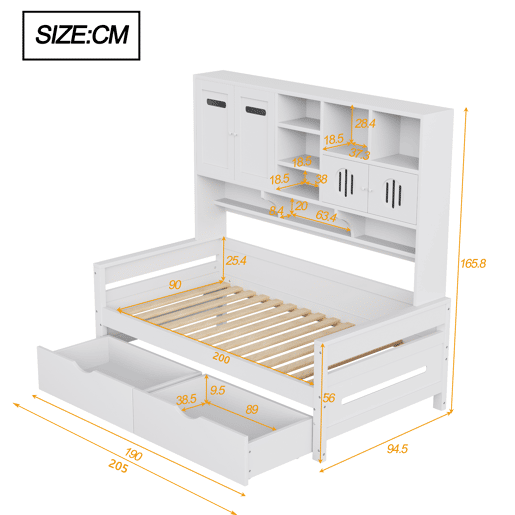 Sofá-cama de madeira 90 x 200 cm - Com arrumação, gaveta grande, cama juvenil, estrado, branco