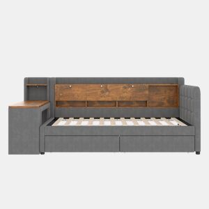 Sofá-cama 90x200 cm - Com 2 gavetas, secretária, USB + Tipo C, arrumação, linho, cinzento