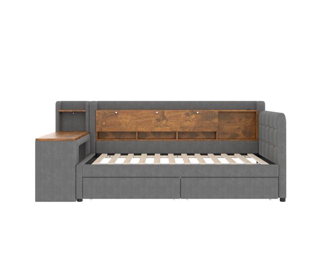 Sofá cama 90x200 cm - con 2 cajones, escritorio, usb + tipo c, almacenamiento, lino, gris